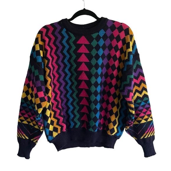 WESTMORLAND KNITWEAR Vintage Wool Geometric Print Sweater Black One Size - Picture 1 of 5